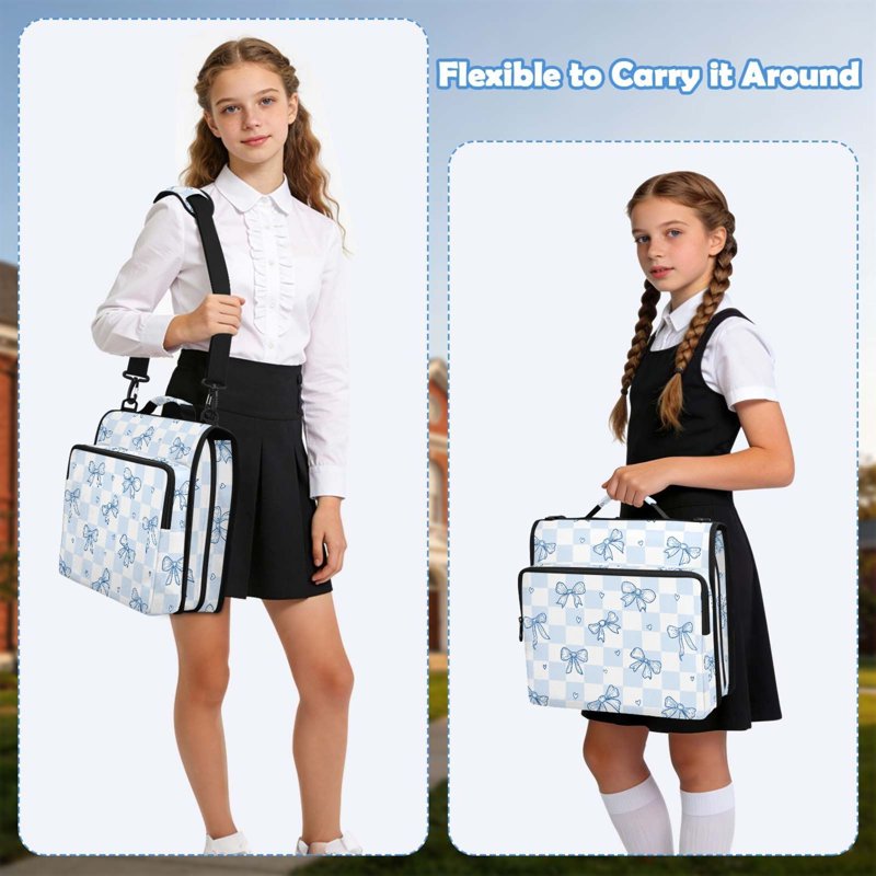 2 Inch 3-Ring Zipper Binder Folder Bag with Laptop Compartment - Blue Bow Checkered