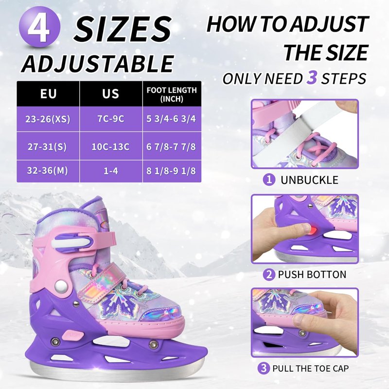 Adjustable Kids Ice Skates for Boys and Girls - Warm Plush Lining, Safety Support