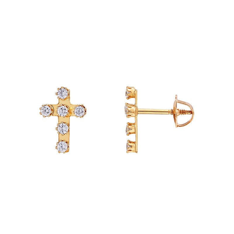 Girls Cubic Zirconia Cross Earrings in 10K Yellow Gold - Small Studs