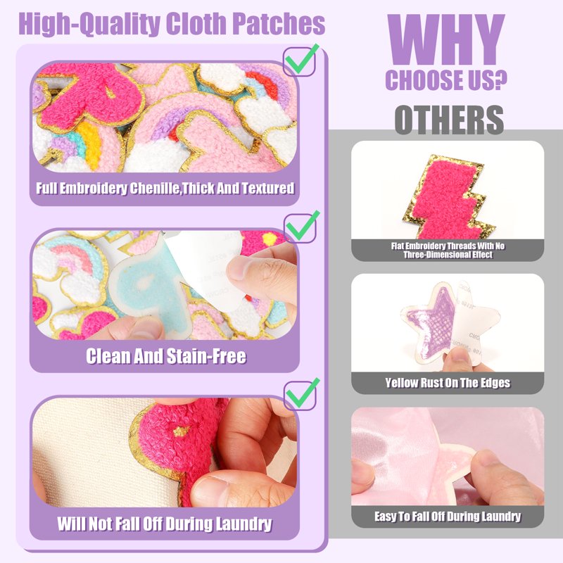 Self-Adhesive Chenille Patches Set of 58 - Rainbow, Heart, Star & Flower Embroidered Stickers for Clothing & DIY Decor