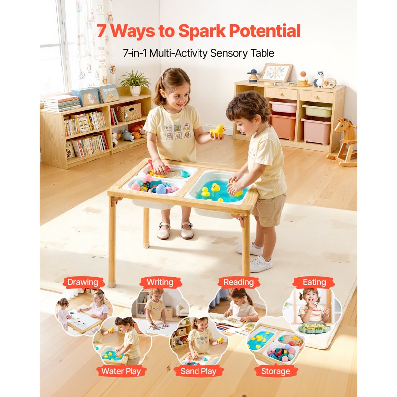 Foldable Wooden Sensory & Activity Table for Kids with Dual-Sided Board, Storage & Non-Slip Feet