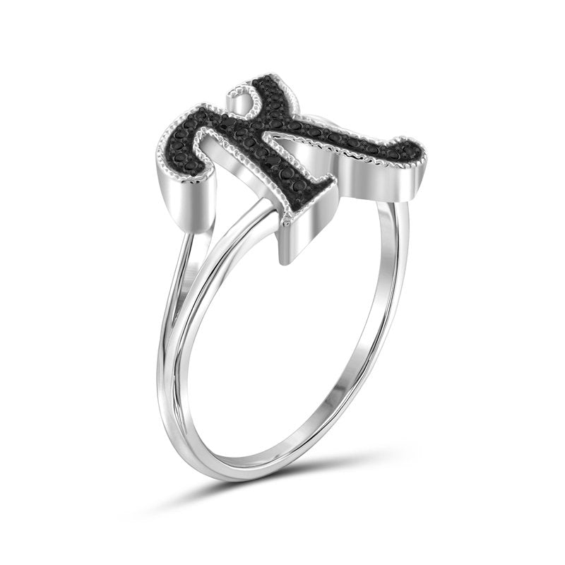 Personalized Initial Letter Ring with Black Diamonds - Sterling Silver Jewelry for Women