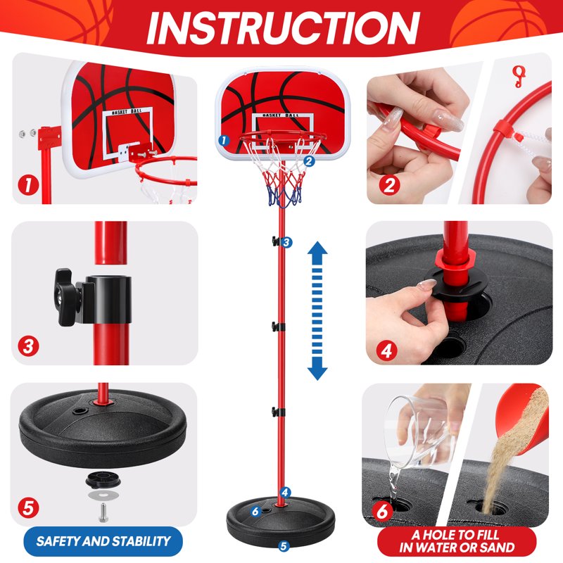 Kids Indoor & Outdoor Adjustable Basketball Hoop Set - Portable 2.8-5 FT