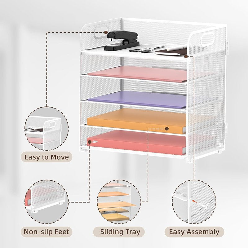 5-Tier Metal Mesh Desk Organizer with Handle - File & Paper Storage