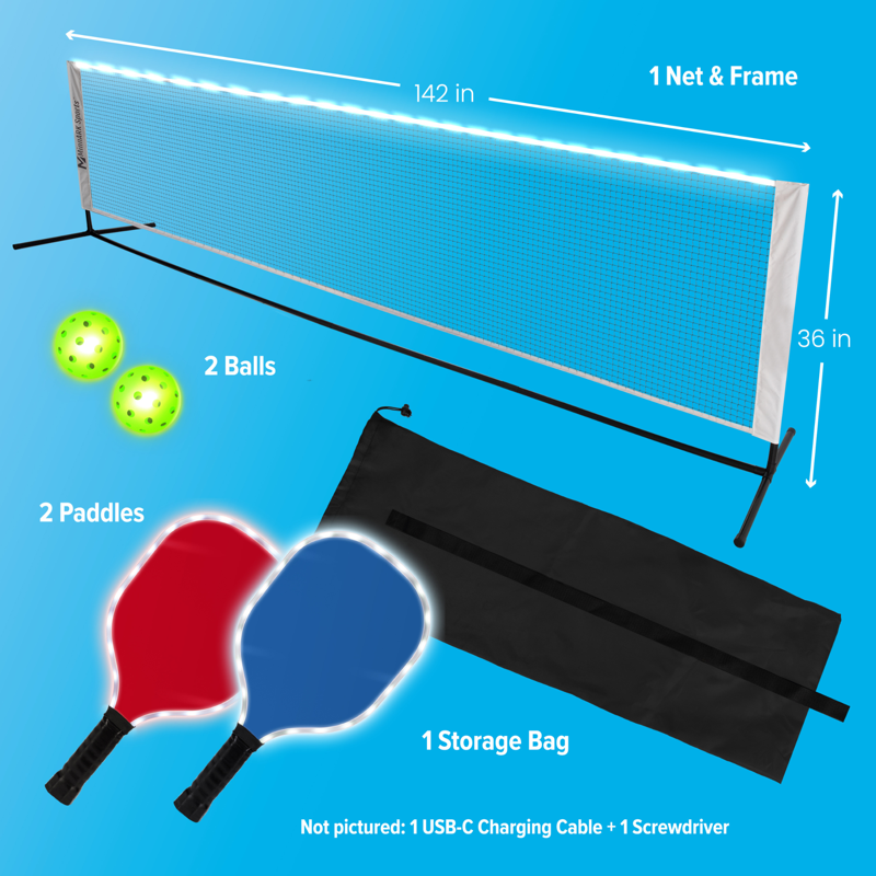 LED Pickleball Set with Net, Paddles & Balls – Light-Up Portable Play Kit
