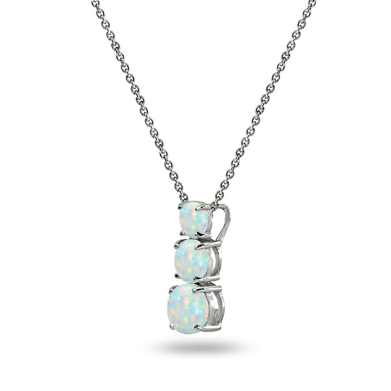 Sterling Silver 3-Stone Opal & Birthstone Pendant Necklace for Women & Teens