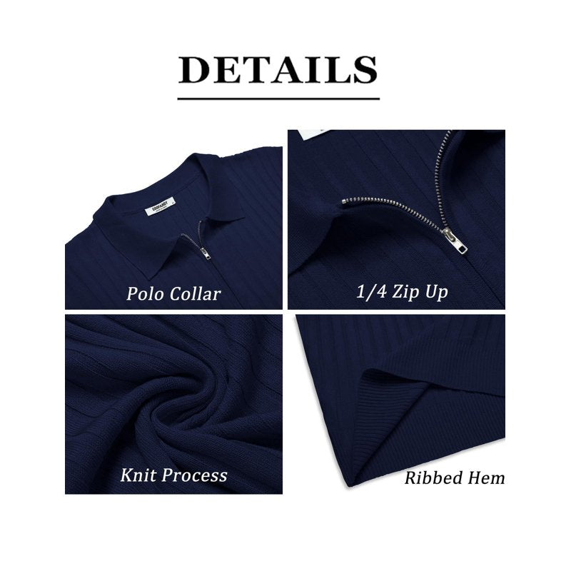 Men's Zipper Polo Shirt - Casual Ribbed Knit Golf T-Shirt for Men