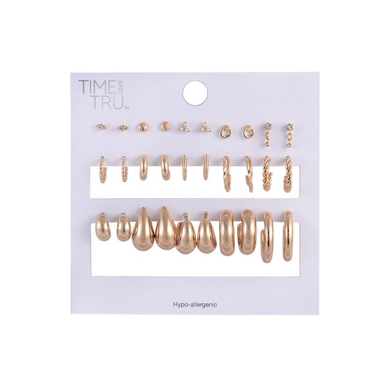 Gold Tone Hoop Earring Set with 15 Pairs - Small & Chunky Styles