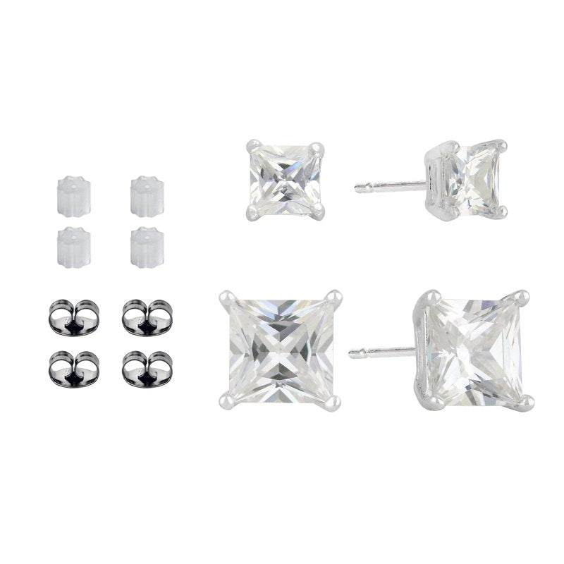Simulated Diamond Square Earring Set in Sterling Silver - 2 Pairs Jewelry for Women