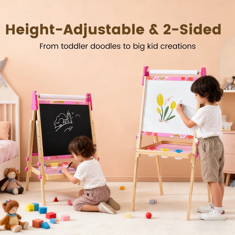 Kids Double-Sided Magnetic Whiteboard & Chalkboard Easel with Paper Roll - Adjustable, Storage Shelf & Art Supplies