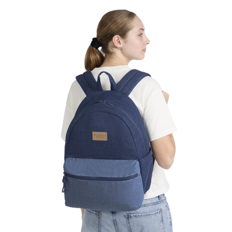 Unisex 17-Inch Denim Backpack with Colorblock Design for School & Travel