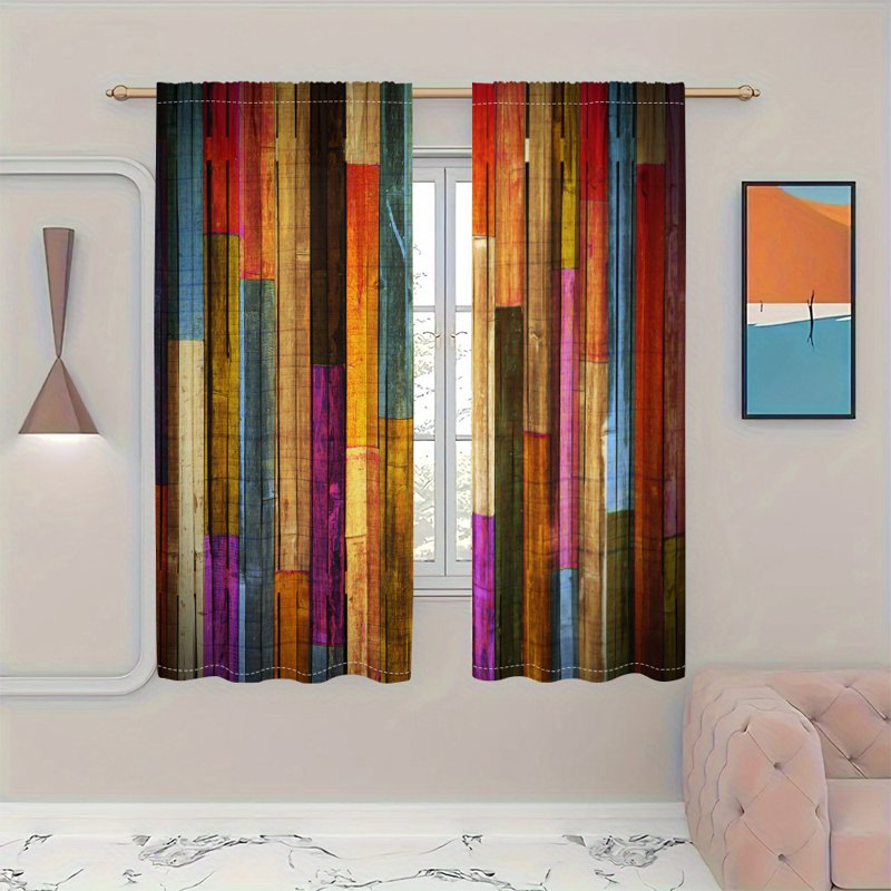 Colorful Wooden Pattern Polyester Curtain Set for Bedroom & Living Room