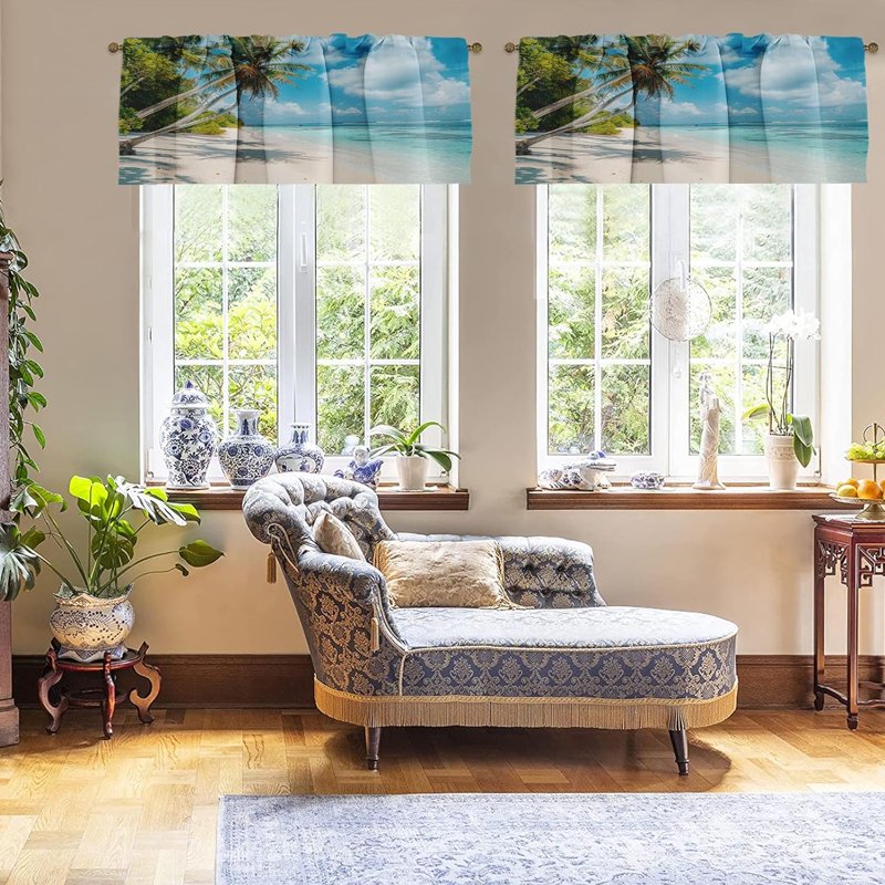 2 Pack Window Valances for Living Room Kitchen - Adjustable Blue Ocean Pattern 18x52 Inch