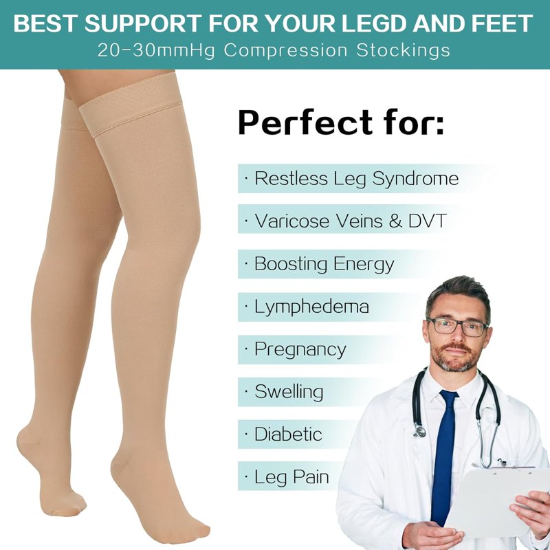 Unisex Thigh High Compression Stockings 20-32mmHg for Leg Support & Varicose Veins