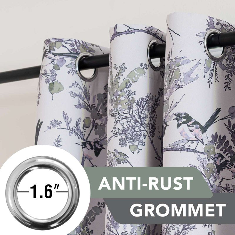Blackout Floral Bird Curtain Panels - Thermal Grommet Window Drapes for Bedroom & Living Room, Sage/Black, 52 x 84 inches