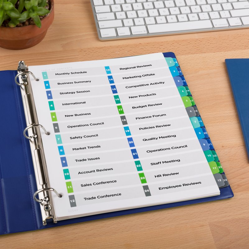 Double Column Tab Dividers for Binders - Customizable Table of Contents - Multi-Color Set