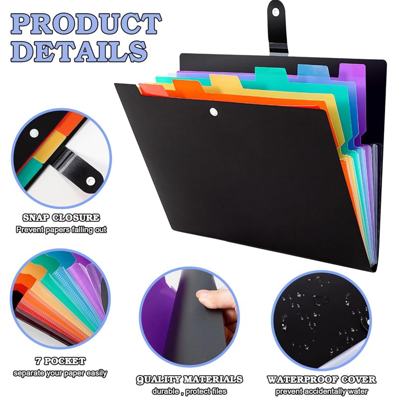 7-Pocket Expanding File Folder Set - Durable Letter & A4 Document Organizer for Office & School