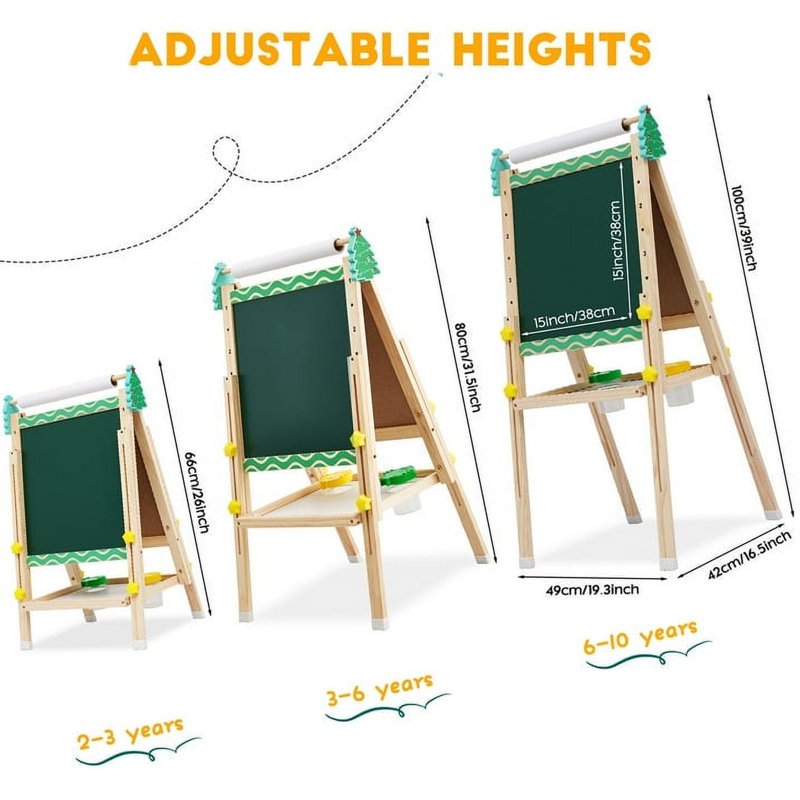 Kids Wooden Art Easel with Paper Roll Double-Sided Adjustable Stand & Accessories
