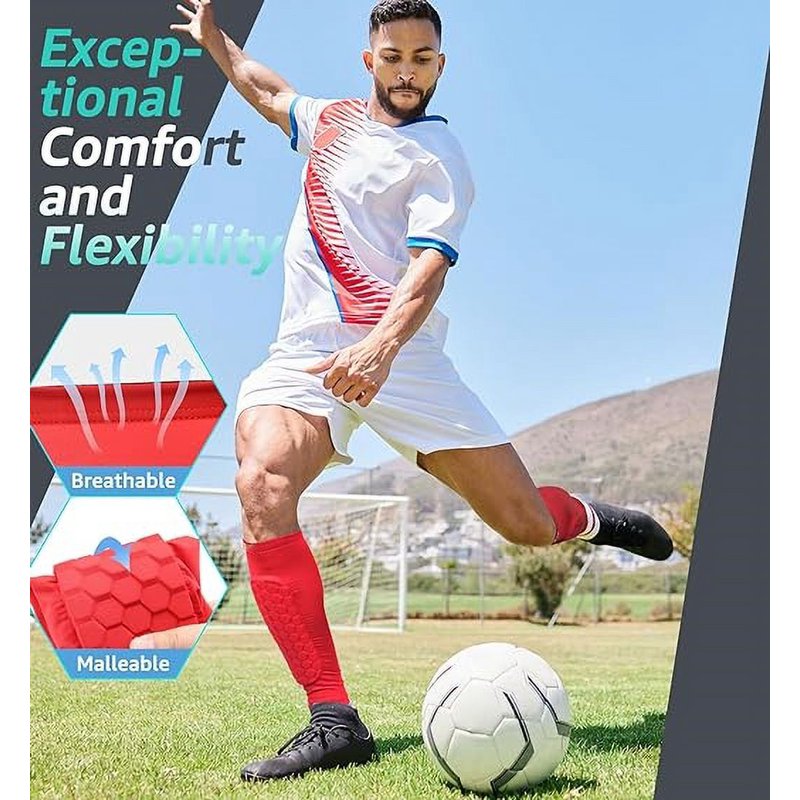 M Red Shin Guards for Kids & Adults - Calf Compression with Honeycomb EVA Pads