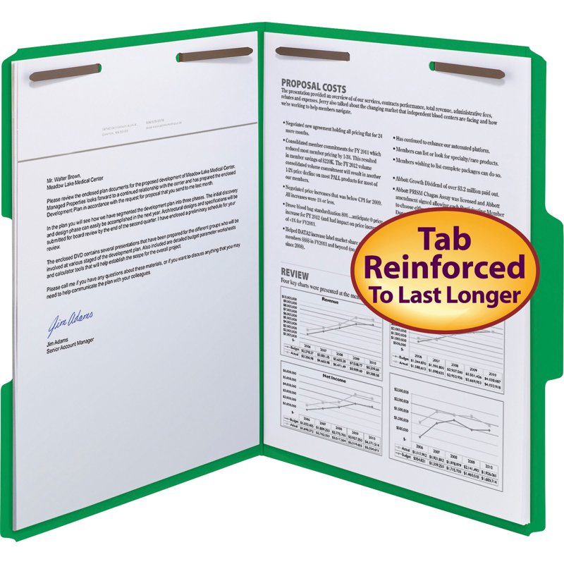 Color Reinforced Tab Fastener Folders - Letter Size, Green, 50 Pack