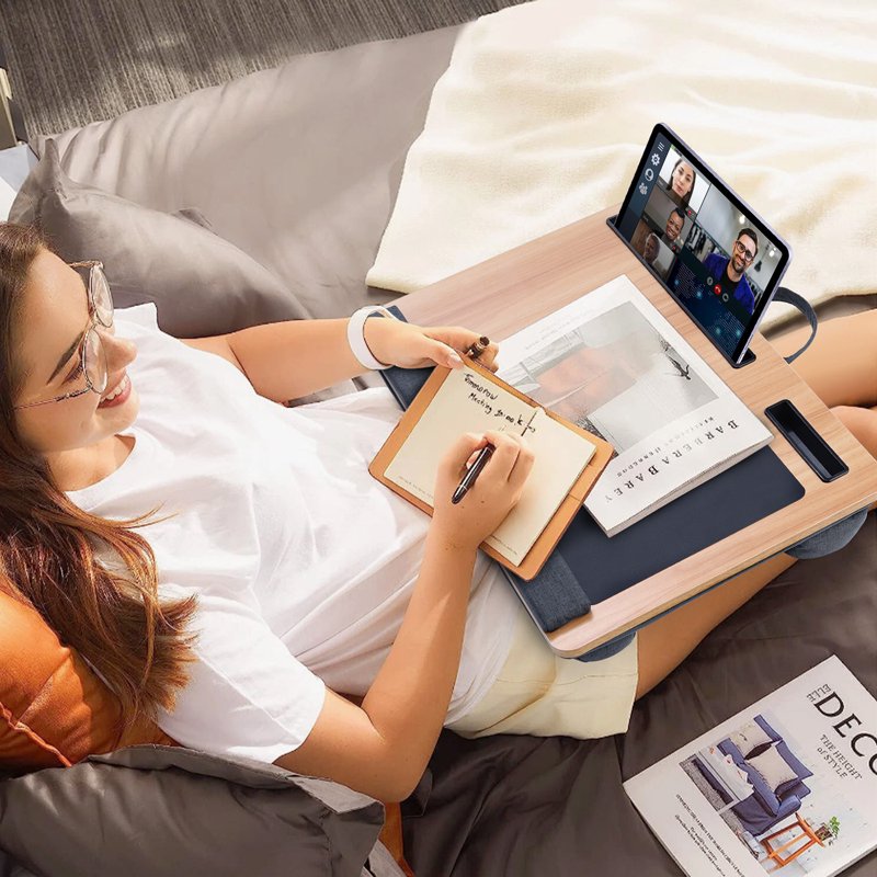 Coliware 21.6 inch Lap Desk with Dual Cushion, Wood Grain — Built-in Mouse Pad & Phone Storage