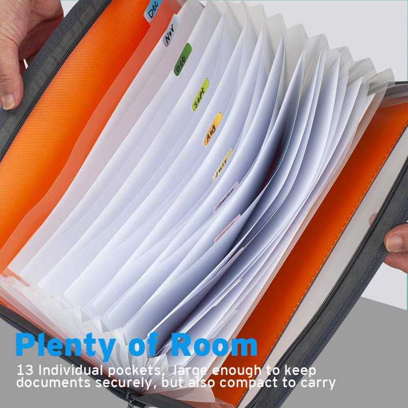 13 Pocket Expanding Document Folder with Zipper & Sticky Labels - Office Organizer