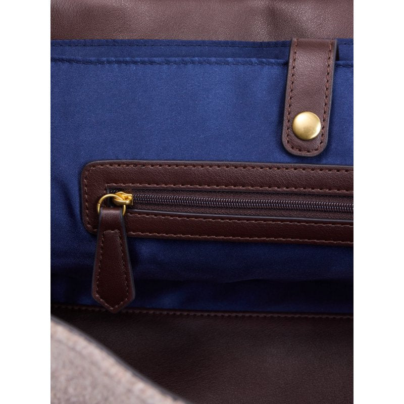 Women's Tan Gray Leather Satchel Bag with Laptop Sleeve and Organizer