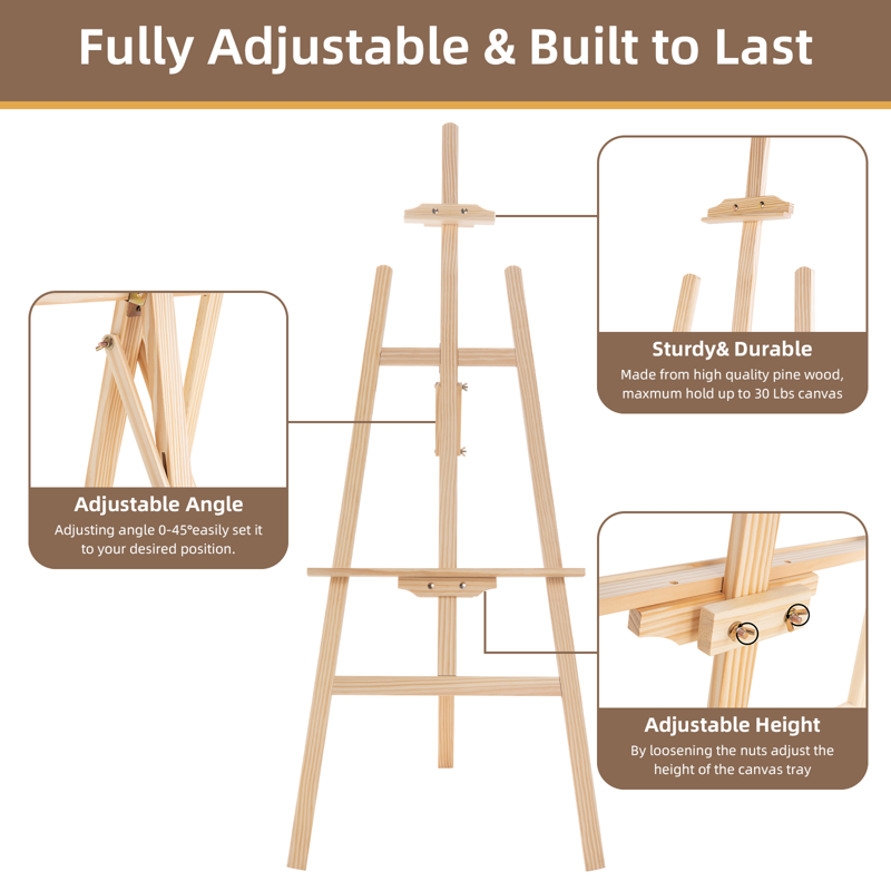 Adjustable Wooden Art Easel Stand for Painting & Display, Folding Floor Support