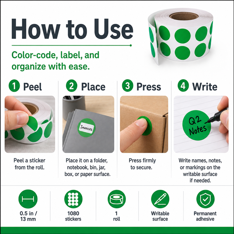 Color Coding Label Roll - 0.5 Inch Diameter, 1080 Stickers, Multipurpose Use