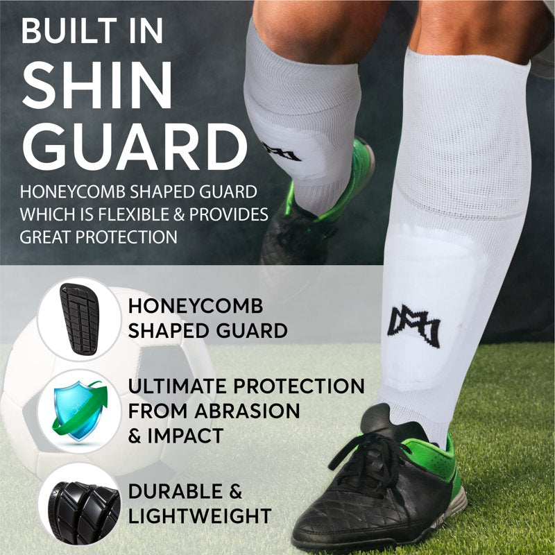 MediCaptain Ultimate Soccer Sock with Built-In Shin Guard, Metatarsal Pad, Anti-Slip Grip (L) - White