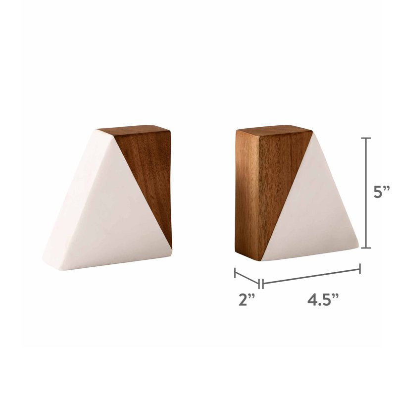 Wood and Marble Bookends Set - Elegant Home Decor for Bookshelf