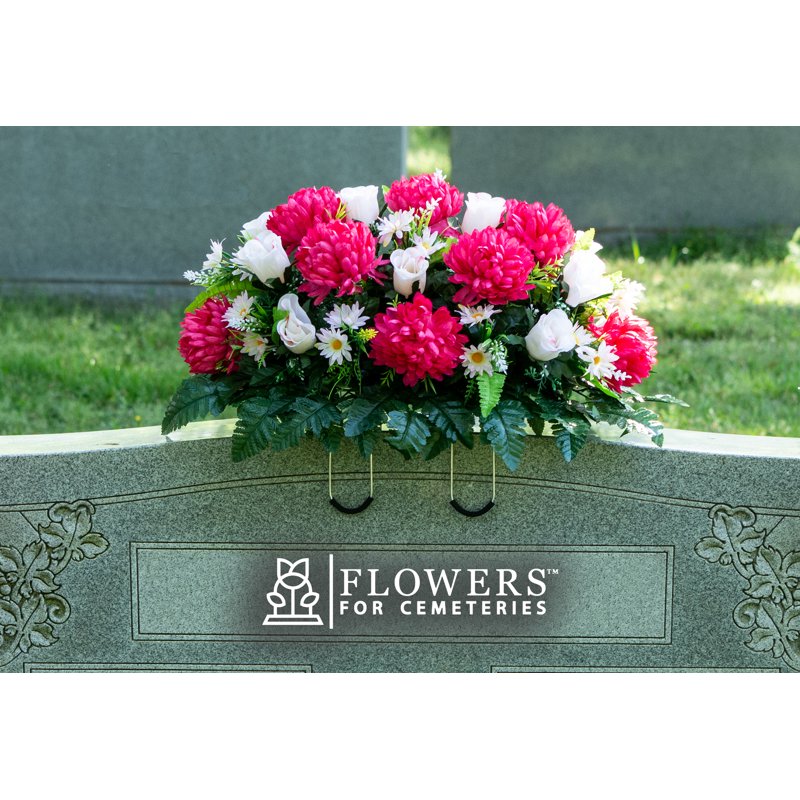 Artificial Cemetery Flower Saddle - UV Resistant Mum & Pink Rose for Headstone