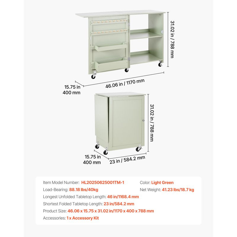 Foldable Sewing Table with Storage - Compact Craft Workstation, Green