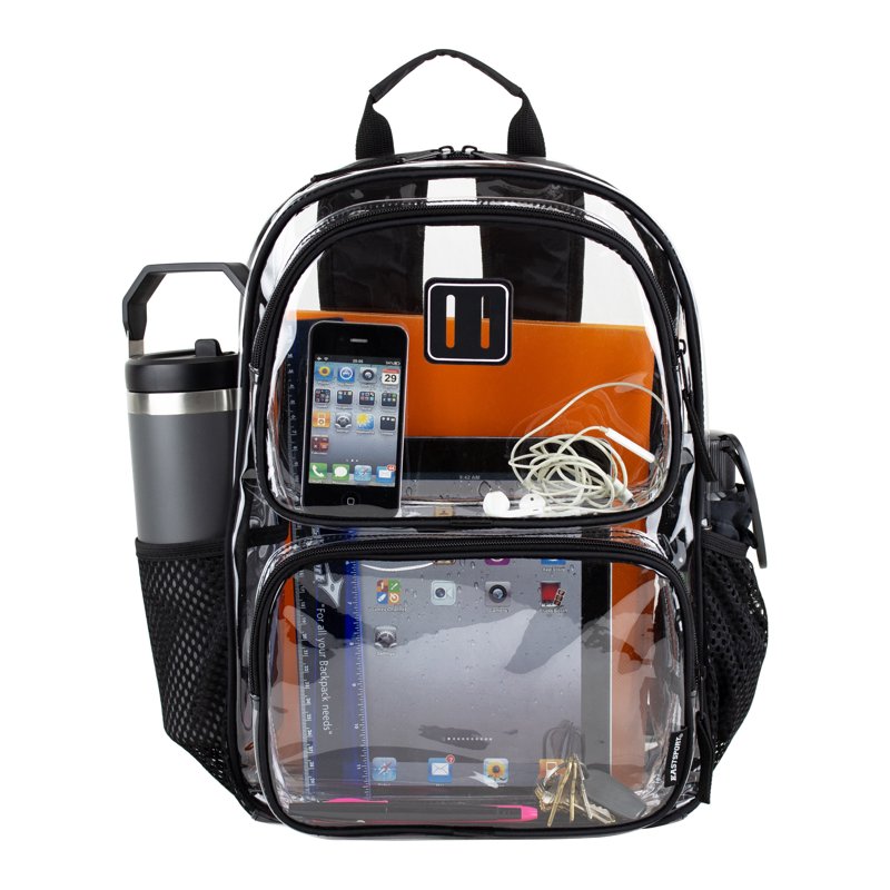 Clear 16-Inch Unisex Backpack with Multiple Compartments - Black