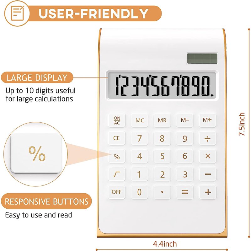 Gold Desktop Calculator with Large LCD Display - Solar Power Office Desk Accessory