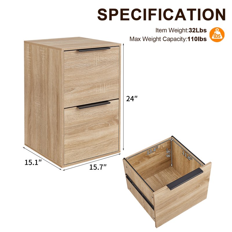 Wooden 2 Drawer Vertical File Cabinet for Home Office - Letter Size Storage