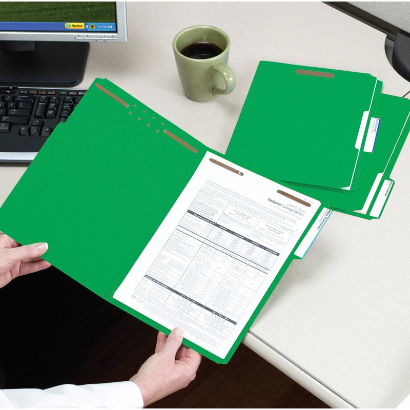 Color Reinforced Tab Fastener Folders - Letter Size, Green, 50 Pack