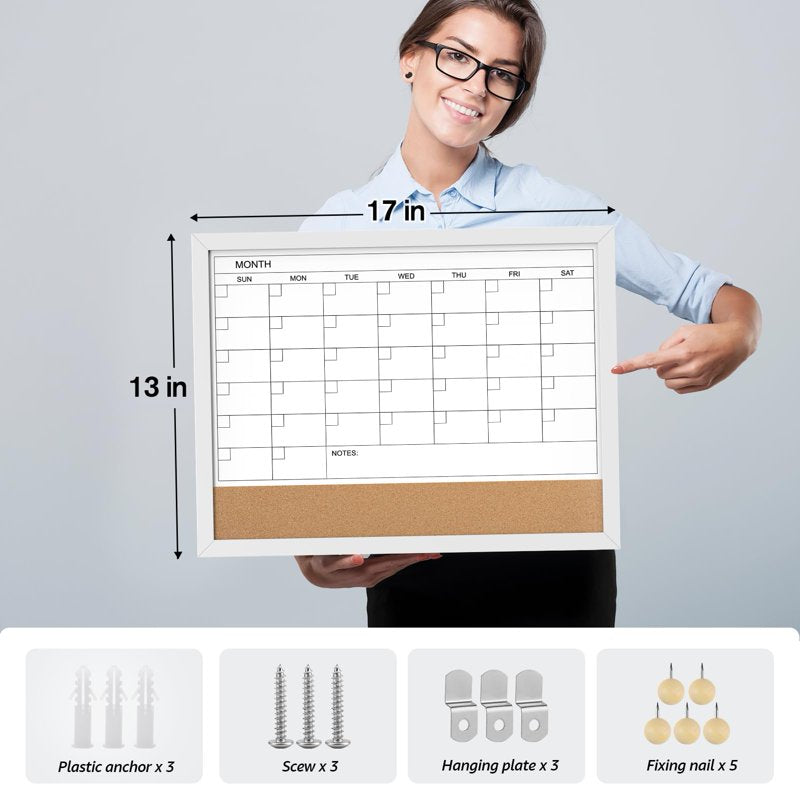 Magnetic Dry Erase Calendar & Corkboard Wall Board 17x13 in Gray Frame