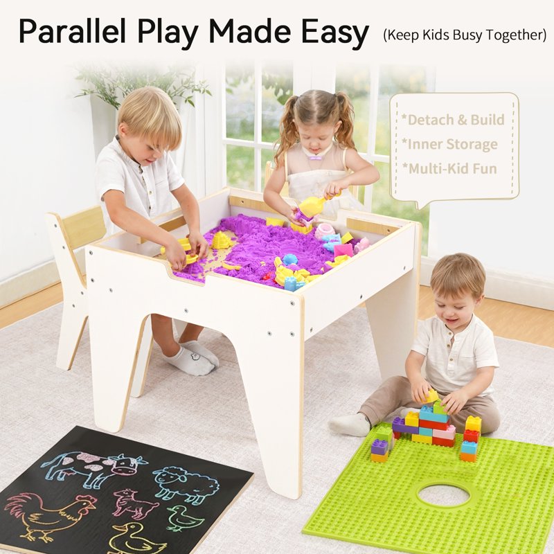 Kids Reversible Wooden Activity Table & Chair Set with Storage and Building Blocks