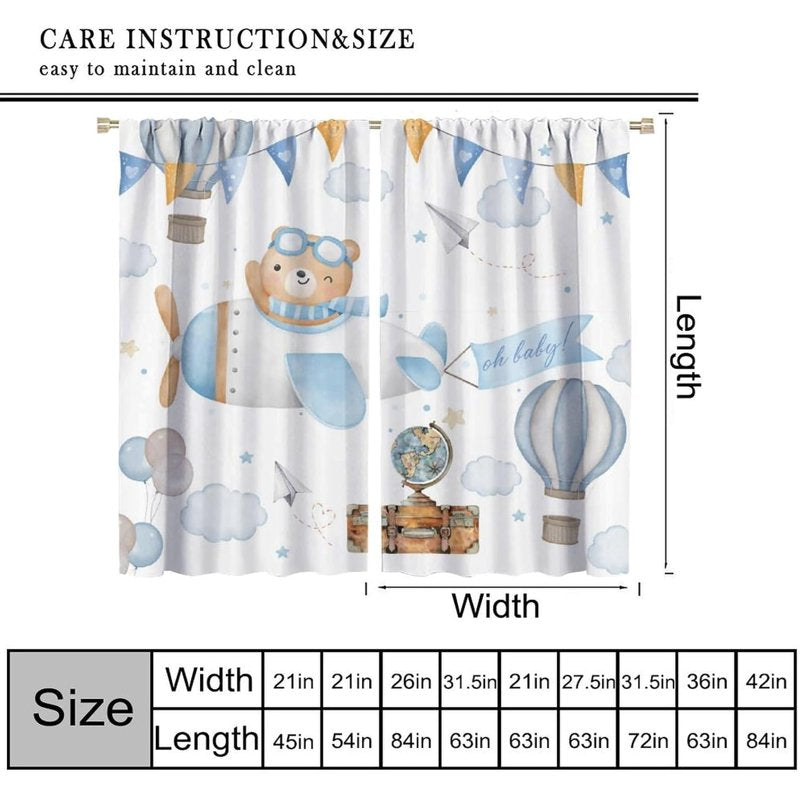 Kids Bedroom Curtains - Pastel Bear Cloud Adventure Window Drapes, 2 Panels