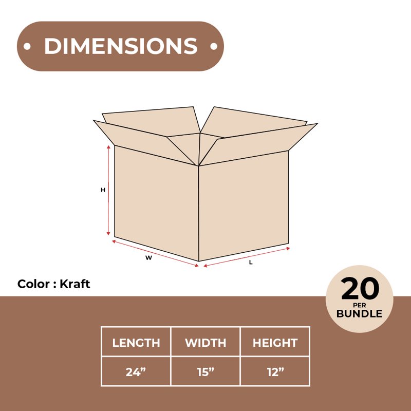Heavy Duty Corrugated Shipping Boxes 24x15x12 Inches Pack of 20
