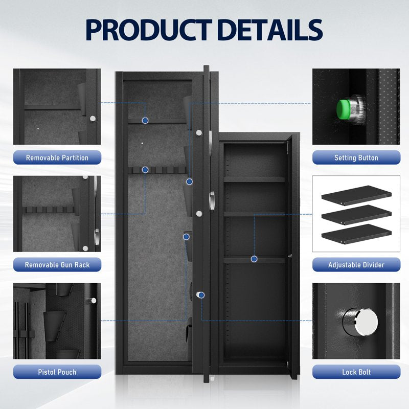 Large Gun Safe for Rifles and Pistols - 8-10 Capacity with Removable Shelves