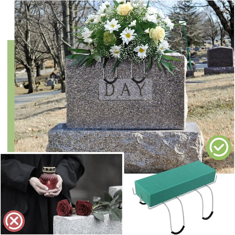 Headstone Flower Saddles with Foam - 12-inch Metal Grave Wreath Holders for Cemetery Decoration