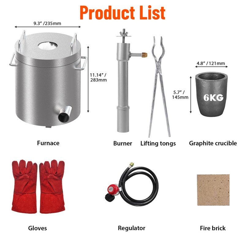 6KG Propane Melting Furnace Kit with Crucible & Tongs for Metal Smelting