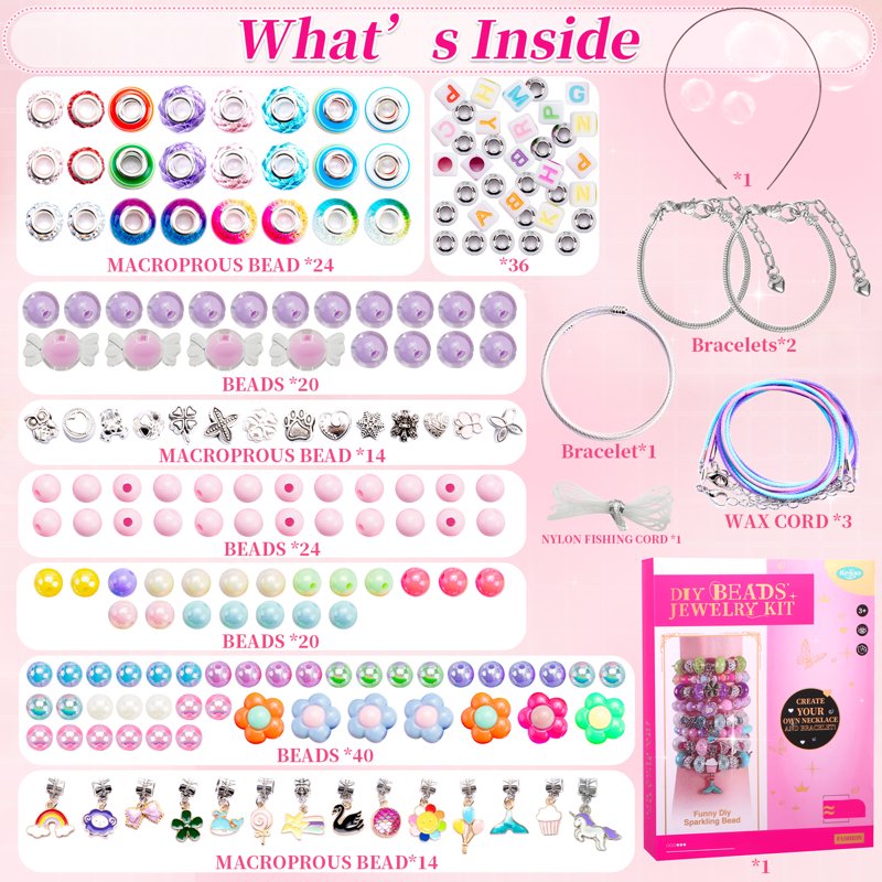DIY Bead Jewelry Making Kit for Kids & Teens - 198 Piece Craft Set with Beads, Pendants & Tools