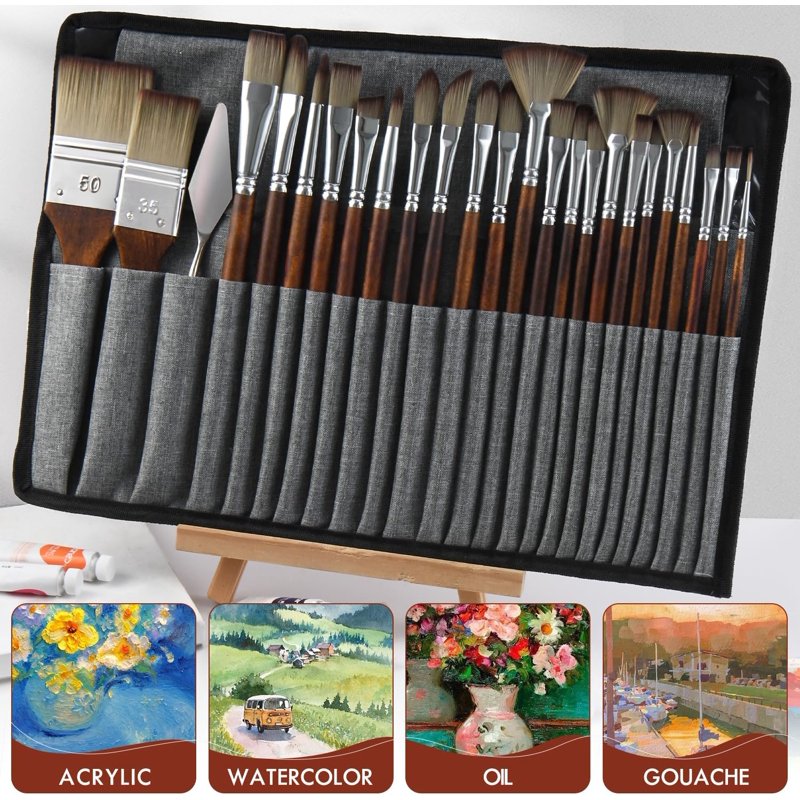 25-Piece Artist Paint Brush Set with Synthetic Acrylic Brushes for Canvas & Oil Painting