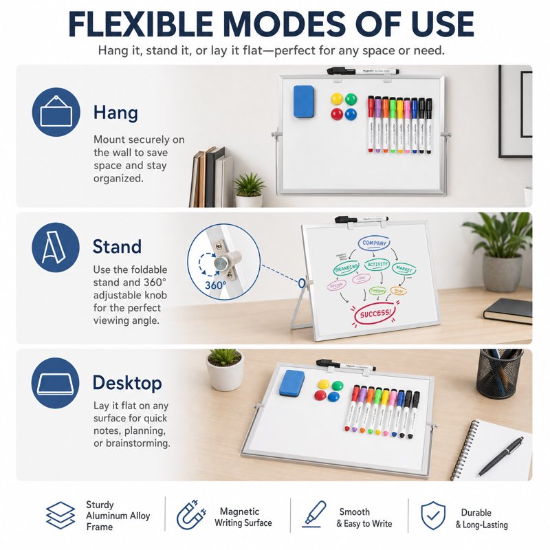 16-Inch Double-Sided Magnetic Whiteboard with Stand for Office & Home