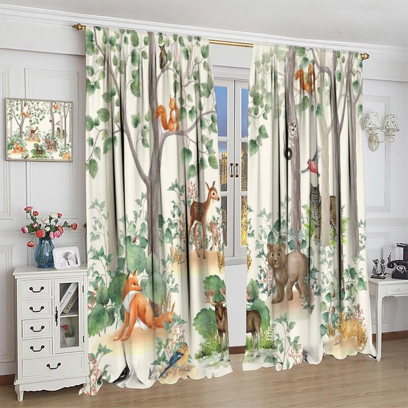 Kids Cartoon Forest Animal Curtains Set - Insulated Window Drapes for Nursery & Bedroom