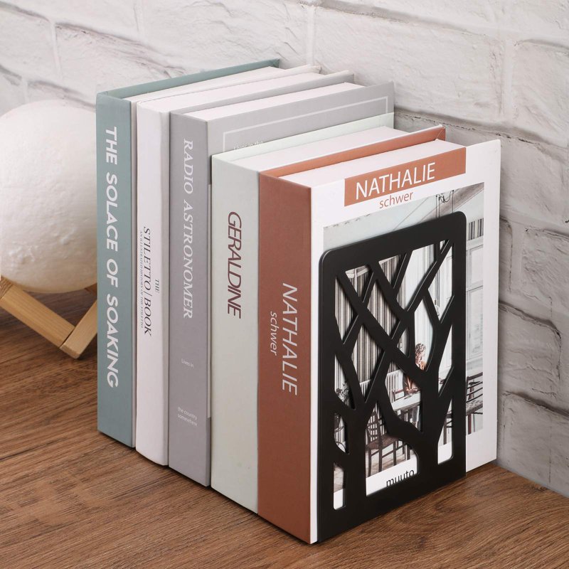 Heavy Duty Metal Book Ends Tree Design Set - Black, Modern Shelf Organizer