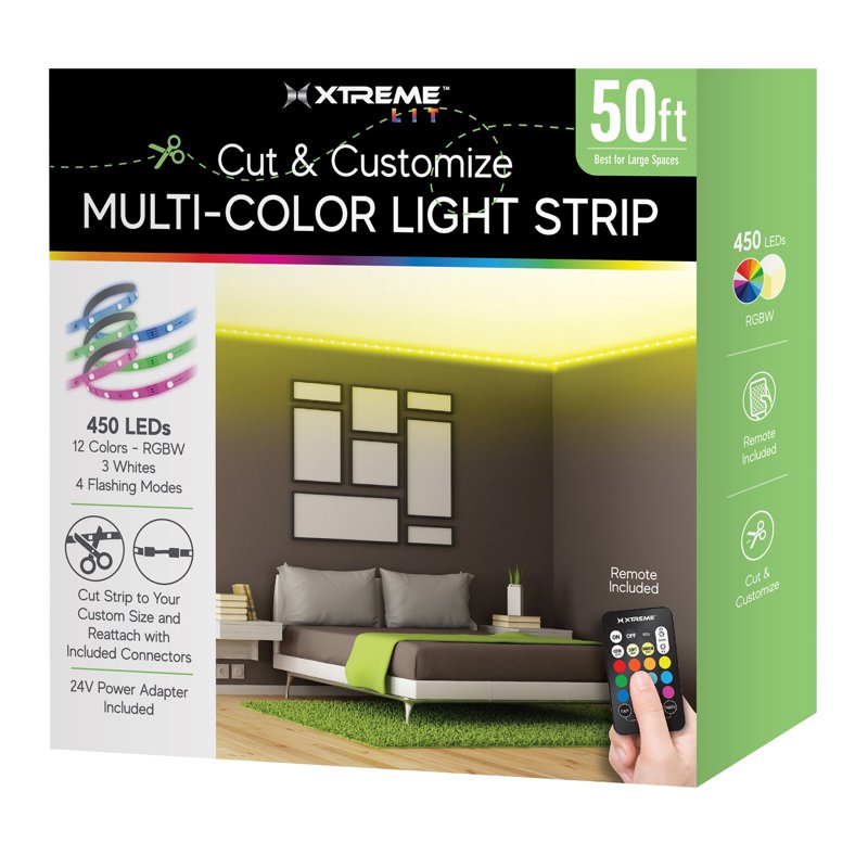 Indoor Multicolor LED Strip Lights Kit - 50ft Cuttable RGB Light with Remote Control